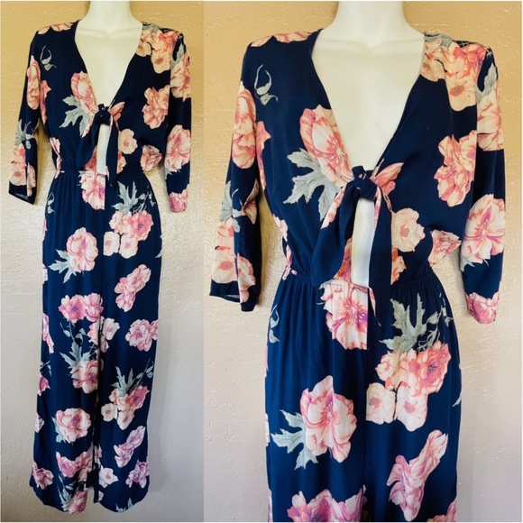 Forever 21 Blue and Pink Floral Jumpsuit with Relaxed Fit - Picture 1 of 6
